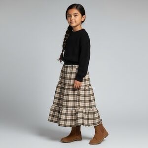 Skirt Flannel Girls 5/6 Maxi Ruffle Tier Plaid Gold Cotton Mom and Pop's Kids